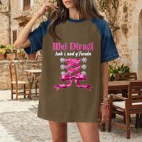 Casual Women Denim Patchwork Oktoberfest Print Top Comfortable Short Sleeve T Shirt Loose Fit Fashionable Design M