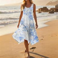 Sleeveless Floral Print Midi Dress with Scoop Neck and Asymmetrical Hem Lightweight Casual Summer Sundress for Women L šviesiai mėlyna spalva
