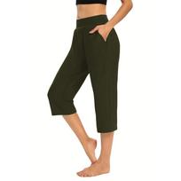 Women's High-Waisted Capri Yoga Pants with Pockets Comfortable Stretch Cropped Athletic Lounge Wear L armijos žalia spalva