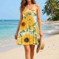 Women’s Strapless Sunflower Print Casual Summer Dress with Elastic Bodice and Relaxed Fit for Daily Wear L smėlis