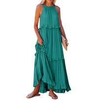Elegant Women's Sleeveless Maxi Dress with Ruffle Hem Perfect for Summer Beach Parties and Casual Outings L armijos žalia spalva
