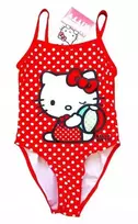 Vaikiškas raudonos spalvos Hello Kitty maudymosi kostiumėlis, 104–134 cm apimties.