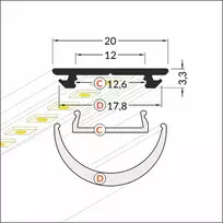 LED juostos profilis ARC12, anoduoto aliuminio sp., 2m, su dangteliu, užbaigimais ir tvirtinimo elementais