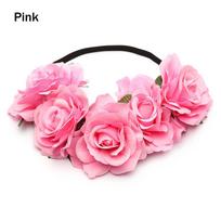 Bohemia Party Hair Accessories Elastic Wreath Headband Bridal Headwear Rose Flower Garland Wedding Hairband rožinė