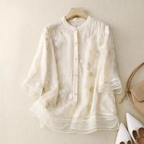 LadiesEmbroidery Blouses Summer Loose Tops O-neck Ladies Clothing Chinese Style Women Shirts S smėlis