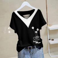 Printed Patchwork Hollowed Out Female Slim Fit Short Sleeved T-shirt Summer Fashion Leisure Ladies Short Versatile V-Neck Top XXXXL