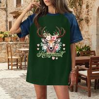 Women's Casual Denim Patch T-Shirt Oktoberfest Graphic Tee Comfortable Short Sleeve Loose Fit Top L