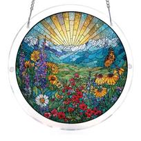 Acrylic Suncatcher Window Hanging Decor Round Stained Glass Style Floral Mountain Landscape Design with Butterfly and Sun Rays One Size
