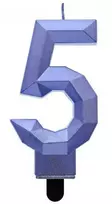 Blue „Number Diamond Metallic Mėlyna“ žvakė „5“, torto formos