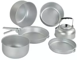 Aliuminio indų rinkinys Mil-Tec (3 puodai, keptuvė, arbatinukas)