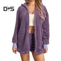 2 Pcs/set Fall Winter Women Coat Shorts Set Thick Plush Homewear Clothes Hooded Long Sleeves Open Stitch Warm Jacket Drawstring Elastic Waist Shorts XL violetinė