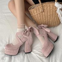 Fashion Super High Heel Mary Janes Shoes Female Suede Butterfly Knot Dress Pumps Women's Fashion Cross Strap Thick Heel party Shoes 3.5 rožinė