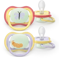 Philips Avent čiulptukas „Ultra Air“, naktinis, 0-6 mėn., geltonas/violetinis