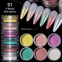 Nail Art Palaipsniui Besikeičiantis Perlamutrinis Pudra 6 Dėžutės Neoninės Veidrodinės Magiškos Veidrodinės Pudros, Fluorescuojantis Magiškas Nagų Blizgutis 01