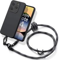 Case for Xiaomi Redmi Note 14 5G (not for 4G) Soft Black Silicone with Sturdy Grey Shoulder Strap
