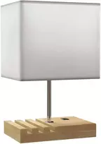 Naktinė lempa, USB jungtys, mediena, audinys, svirtinis jungiklis, laikymo skyriai, balta