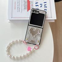 For Samsung Zflip6 Folding Screen Flip Fold7 Bracelet for Huawei Pocket2 Leather Love Mirror Mobile Phone Case For  Samsung ZFlip3