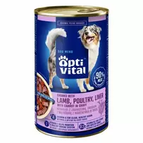 OptiVital skardinė - sultingi vištienos kepenėlių gabaliukai šunims su ėriena ir padažu, 1250 g