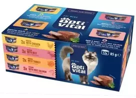 OptiVital mini skardinė - kelių dėžučių suagusiems katėms su jautienos, vištienos, kalakutienos, briedžio skoniu 12 x 85 g