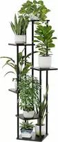 Bamworld 6 lygių metalinis kampinis gėlių stovas su medinėmis lentynomis, juodas, 130 cm