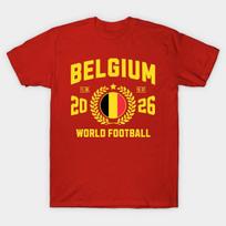 Vyriški juodi marškinėliai su Belgijos futbolo sirgaliaus 2026 m. emblemos dizainu, spausdinti ant nekerpamo perkėlimo popieriaus, medvilniniai marškinėliai 2XL raudona