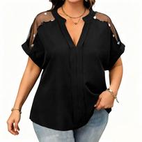 Women's Fashionable Casual Loose-Fit Comfortable V-Neck Mesh Sequin Plus Size Top XXL juoda