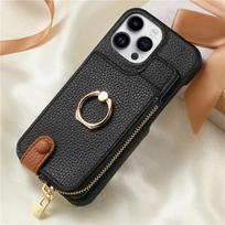 Odinė piniginė su užtrauktuku ir kortelių laikikliu, dėklas telefonui IPhone 17 Air 16E 16 15 14 13 12 11 Pro Max XS Plus, su žiedu ir stoveliu For iPhone 16 Plus juoda