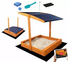 Smėlio dėžė 120x120 su suoliukais, stogeliu ir dangčiu „Sand Tropic“ vaikams