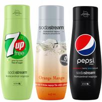 3 SodaStream koncentratų rinkinys 7UpFREE + Apelsinų-Mėlynių + PepsiMax
