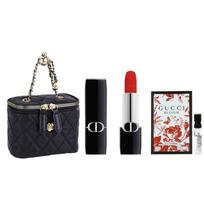 DIOR lūpų dažai 999 velvet formal wear + Huayue Qinyi kvepalų patirties dėvėjimas + mini peties rankinė mėlyna