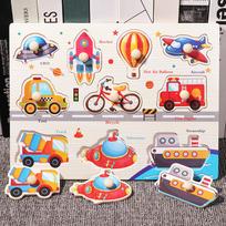 Montessori Wooden Hand Grab Boards Tangram Jigsaw Baby Educational Cartoon Vehicle Animals Fruits 3D Puzzles Early Education