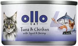 OLLO Cat nr 4 Tunas ir vištiena su kalmaru ir krevetėmis sultinyje – šlapias kačių maistas – 70g