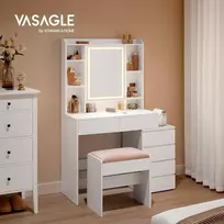 Songmics Krepsinis stalas su LED apšvietimu, veidrodžiu, stalčiais, reguliuojamomis lentynomis, taburete, balta mediena