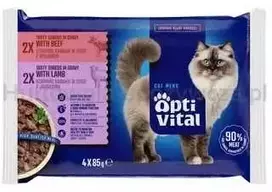 Katės maistas - OptiVital ėrienos ir jautienos maišeliai (drėgnas maistas, 4x85g)