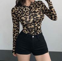 2025 Autumn Women's Leopard Print Zipper Cardigan M gray