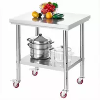 Nerūdijančio plieno maisto ruošimo stalas su ratukais ir reguliuojama lentyna komercinei virtuvei, restoranui, garažui, metalinis pramoninis darbo stalas 760x600x850 mm