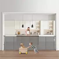 Ištraukiami apsauginiai varteliai vaikams ir augintiniams, 870 mm aukščio, išsitempia iki 2800 mm pločio, tinkliniai saugos varteliai vidaus laiptams, durims, koridoriams, pilki, apsauginė tvorelė