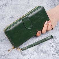 Retro Women's Oil Wax Zipper Wallet & Card Holder - Large Capacity Phone Bag žalia