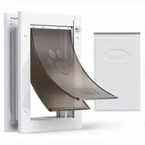 Vidutinio dydžio durelės augintiniams su dvigubais magnetiniais atvartais vidaus ir lauko durims, oro sąlygoms atsparus metalinis rėmas, lengvas montavimas, baltos durelės šunims, magnetinis atvartas augintiniams