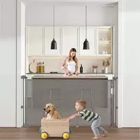 Ištraukiami apsauginiai varteliai vaikams ir augintiniams, tinklinio skydelio saugos užtvara, sustiprintas stiklo pluošto rėmas, sprendimas vidaus laiptams ir durų angoms, pilki ištraukiami apsauginiai varteliai