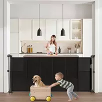 Ištraukiami apsauginiai varteliai vaikams ir naminiams gyvūnams, juodas tinklinis apsauginis barjeras, sprendimas vidaus laiptams ir durų angoms, ištraukiami apsauginiai varteliai, kūdikių apsaugos varteliai, barjeras gyvūnams