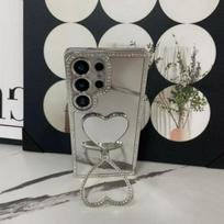 Heart-Shaped Mirror Holder for iPhone 14/15/16/17 Pro Max with Rhinestones iPhone 15 Pro Max