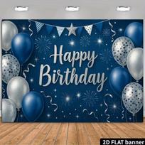 2D Happy Birthday Blue Silver Glitter Balloon Backdrop Banner Party Photo Background 47.2x31.5inch/120*80cm