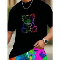 European Sizes Only Selling Men's Black Cotton T-shirt with Colorful Bear Graffiti Print - Adult Casual Short Sleeved Summer T-shirt S įvairiaspalvis