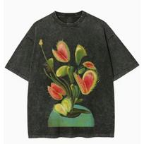 Venus Flytrap Print TShirt Vintage Washed Black Short Sleeve ONeck Casual Loose Streetwear Unisex Plant Graphic Tee Tops S