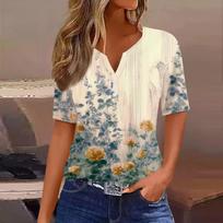 Women V Neck Short Sleeve T Shirt with Decorative Buttons Floral Print Casual Loose Fit Pullover Top for Daily Wear XL