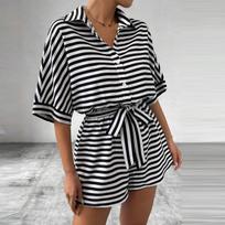 Women's Casual Striped Belted Romper Short Sleeve Button Down Summer Jumpsuit for Beach and Daily Wear XL juoda