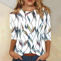 Women's Casual Leaf Print 3/4 Sleeve Round Neck Loose Fit Blouse Top Comfortable and Stylish L armijos žalia spalva