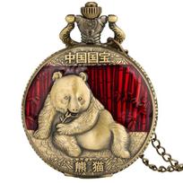 Chinese National Treasure Giant Panda Quartz Pocket Watch Sweater Chain Necklace Pendant Clock Best Souvenir Collectibles Gifts raudona