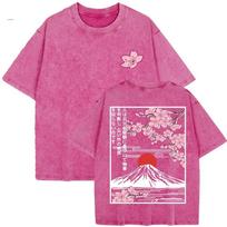Summer Women Mount Fuji Cherry Blossoms Graphic Print Washed Cotton O Neck Oversized Short Sleeve Streetwear Loose Basic To S
